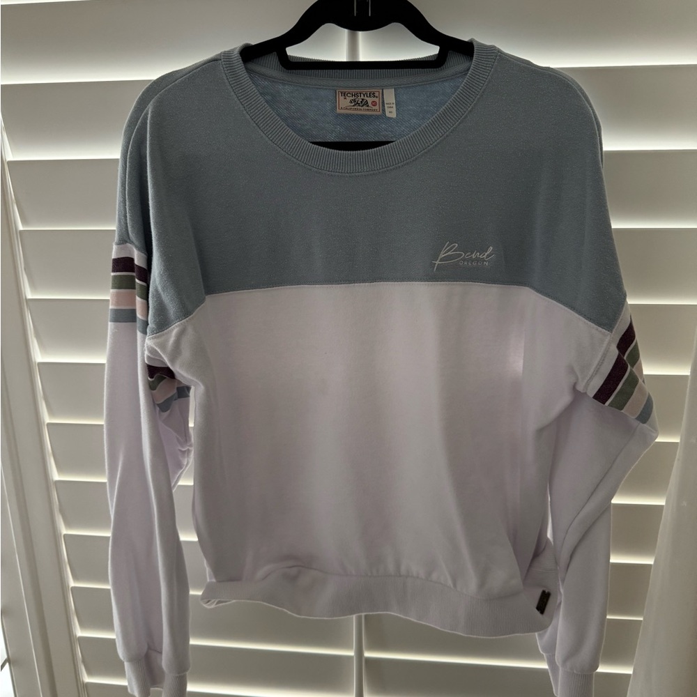 Blue and White Sweatshirt with Striped Sleeves